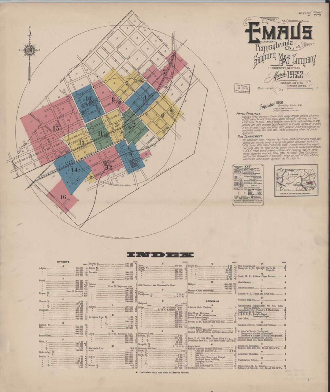 Emaus Pennsylvania 1922 - Fire Insurance Index - Old Map Reprint